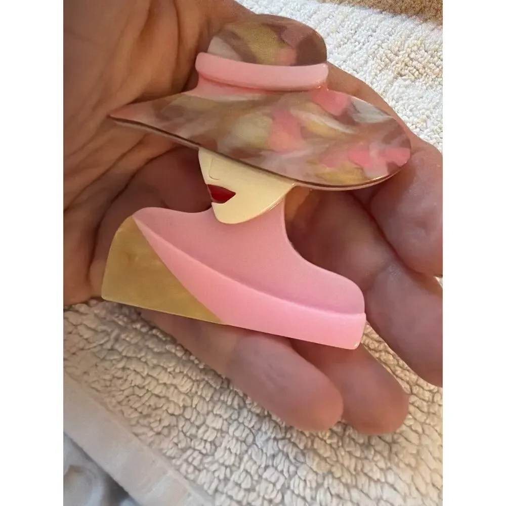 Vintage Pink Lucite Lady Brooch Wide Brim Hat Figural Pin Art Deco Style 2.5